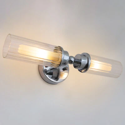 Ribbed Glass Twin Bathroom Wall Light Polished Chrome Slim Side IP44 H3137 - Image 1 of 4