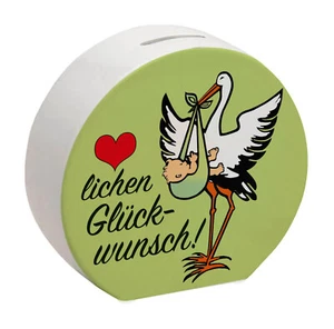 Storch und Kind Spardose zur Geburt mit niedlichem Motiv in Grün - Bild 1 von 5