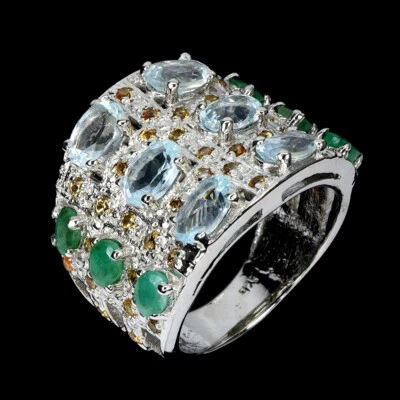 925 Anello Argento Sterling Ovale Acquamarina Smeraldo Zaffiro Gemma Misura - Immagine 1 di 4
