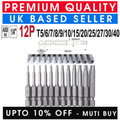 12 X TORX SCHRAUBENDREHER BIT SET SECHSKANT SICHERHEIT MAGNETISCH 50MM LANG T5/6/7/8/9/10/15 - Bild 1 von 4