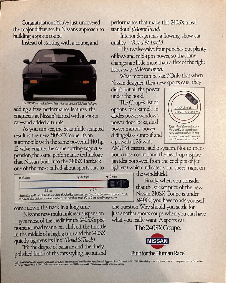 Nissan 240SX 1988 anuncio impreso de auto (aprox. 9,75x12) - Automóvil vintage Foto 1 de 1