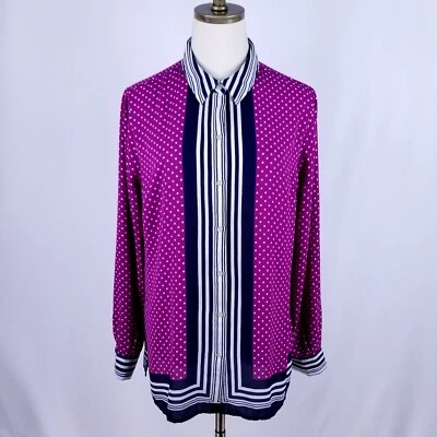 Charter Club Blouse Womens Size M Pink Polka Dot Blue White Stripe Shirt Buttons - Image 1 of 4