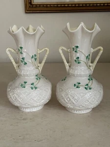 PAIR BELLEEK SHAMROCK GREEN MARK 6 1/2 inch Harp Handled Vase (S) - Picture 1 of 11