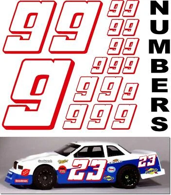 WHITE w/RED (#9's) Racing Numbers Decal Sticker Sheet 1/8-1/10-1/12 RC FG-RACO - Image 1 of 4