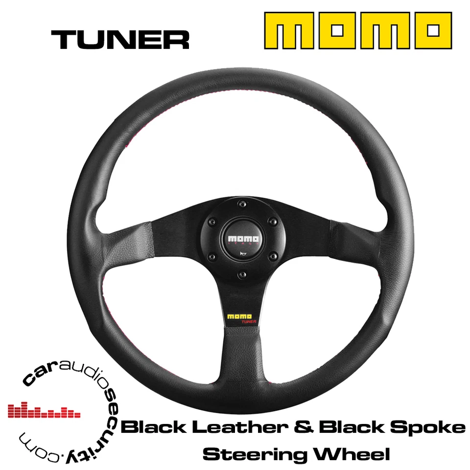 RADIOS CENTRALES DE ALUMINIO NEGRO SINTONIZADOR MOMO 350MM CUERO NEGRO VOLANTE  Foto 1 de 1