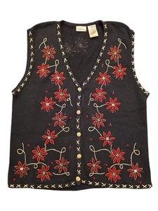 Vintage Bobbie Brooks Holiday Weste L schwarz Weihnachtsstern Perlen bestickt hässlich - Bild 1 von 11