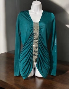 Women Buckle’Day Trip’ Emerald Green Long Sleeve Seguin Polyester Blouse Sz S - Picture 1 of 10