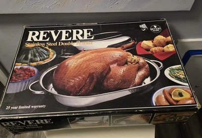 Revere Ware Stainless Steel Double Roaster Pan In Box 2504 Tray, Turkey Lifter - Image 1 of 4