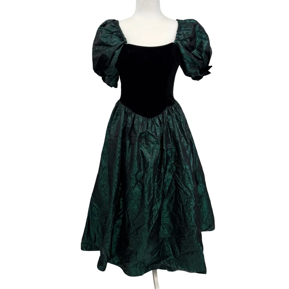 VTG 80s Laura Ashley Velvet Taffeta Gown Dress 12 Black Green Renaissance Goth - Image 1 of 4