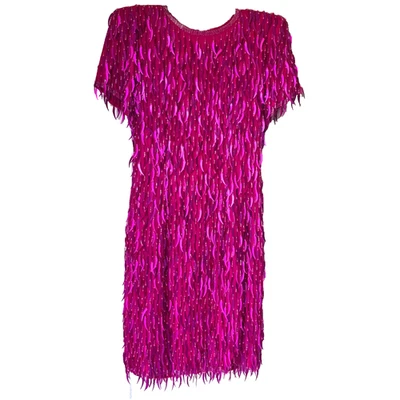 Vestido vaina trofeo vintage AJ Bari seda rosa cola de gato lentejuelas con cuentas flecos 6 Foto 1 de 4