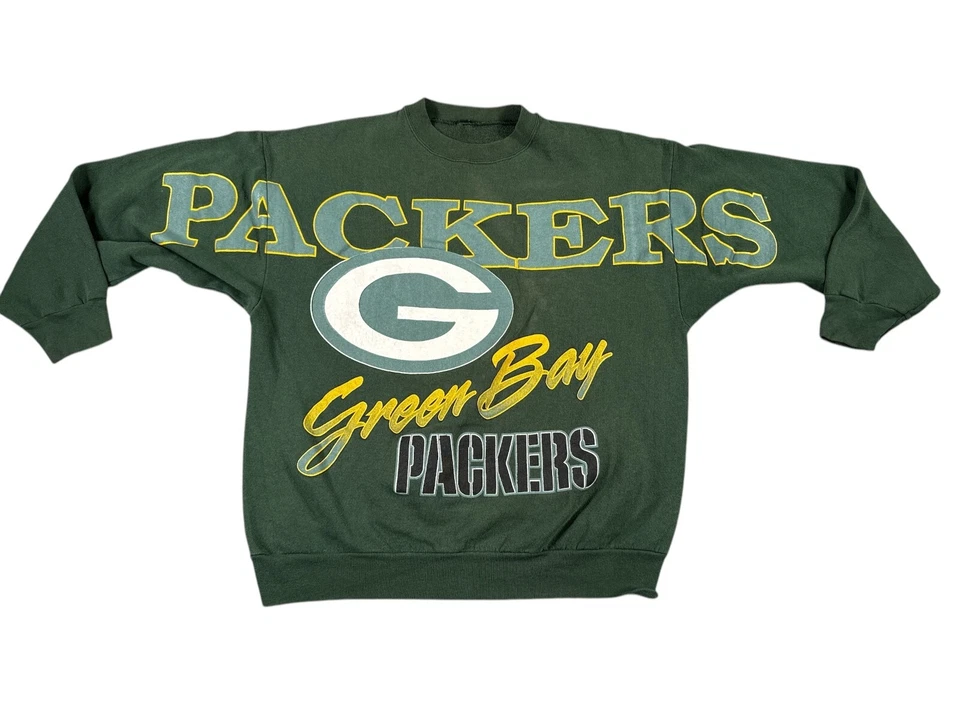 De colección Años 90 NFL Green Bay Packers Spellout AOP Verde Cuello Redondo Foto 1 de 4