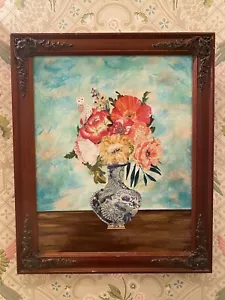 Vaso Chinoiserie con Fiori Media Misti Pittura Acrilica & Collage Tessuto - Foto 1 di 3