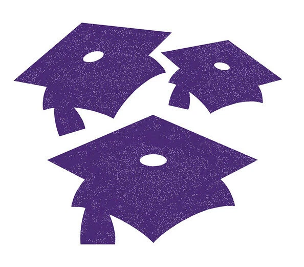 GRADUATION Party PURPLE CUTOUTS w/Glitter school colors 12pcs Caps Mortar Boards - Image 1 of 1