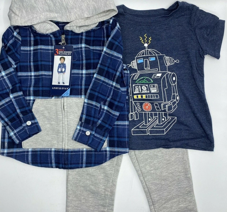Мальчики размер 2T Andy & Evan 3 изделия брюки комплект наряд с капюшоном фланель и футболка робот - Изображение 1 из 4
