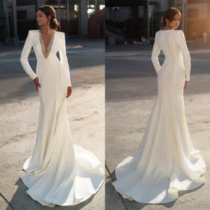 Plunging Wedding Dresses Lace Long Sleeve Beaded Sequins Mermaid Sweep Train - Picture 1 of 13