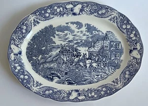 Sanyei Japan 18" Blue and white serving platter horses and carriage scene - Picture 1 of 5