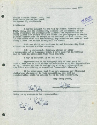 RUDY VALLEE - DOCUMENT MULTI-SIGNED 01/20/1947 Cover
