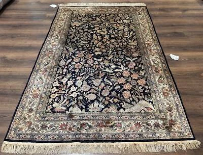 Silk Rug 4x6 Black & Cream Floral Birds Fine 330 KPSI - Image 1 of 4