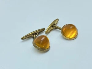 Vintage Brass Cufflinks w/ Bright Orange Amber Cabochons - Art Deco MCM - 1/2" - Picture 1 of 9