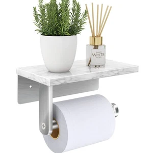 Brushed Nickel Toilet Paper Holder with Natural Marble Shelf Screw Wall Mounted - Picture 1 of 7