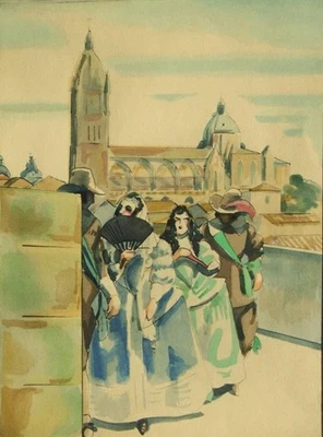 Hermann Paul; impressão em aquarela art déco colorida à mão; 'La Promenade' 1929 - Imagem 1 de 4
