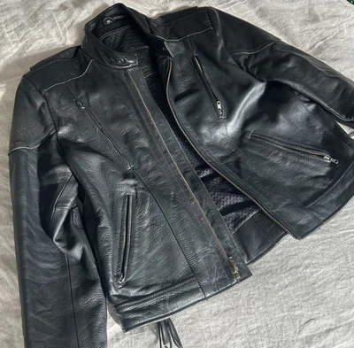 Primera Chaqueta de Motocicleta de Cuero Genuino - Talla 42 Negra Pesada Estilo Motociclista Foto 1 de 4