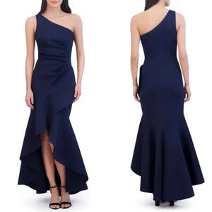 NEW ELIZA J Navy SCUBA CREPE One Shoulder RUFFLE High-Low EVENING DRESS GOWN 8 - Picture 1 of 11