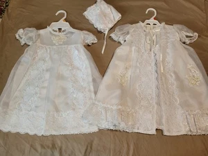 Vintage Girls Christening Dress, Jacket, Bonnet, Slip. White Lace, Sequin, 6 Mos - Picture 1 of 10