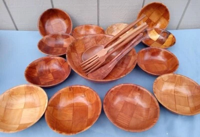 SET (12) 1970s WOOVEN BAMBOO PARQUET SALAD BOWLS + 10" LG SALAD BOWL + UNTESILS - Image 1 of 3