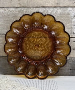 Indiana Hobnail Bubble Depression Glass Deviled Egg Plate 15 Eggs Amber ๐ค - Picture 1 of 13