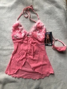 L Sexy Cute Pink Rose applique open front babydoll Leg Avenue Y2K New Cute - Picture 1 of 5