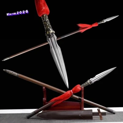 Chinese WUSHU Spear Tiger King Hunting Spearhead Sword Folded Steel Rosewood Rod - Image 1 of 4