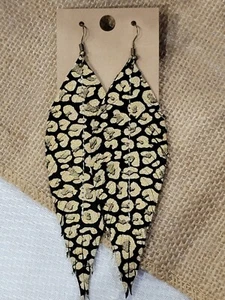 Handmade GENUINE Leather Feather Earrings Black w/  Gold Leopard 4" - Picture 1 of 1
