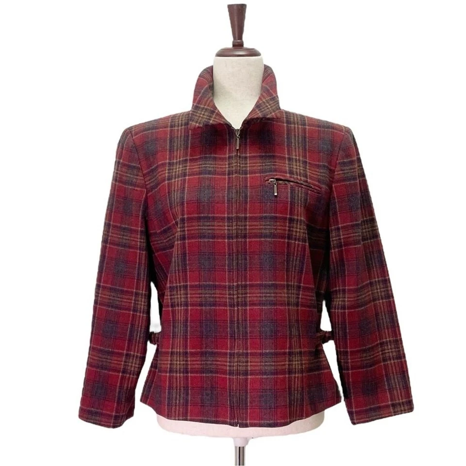 Pendleton Knockabouts Virgin Wool Zip Front Jacket Burgundy Blue Plaid Size 10 - Image 1 of 4