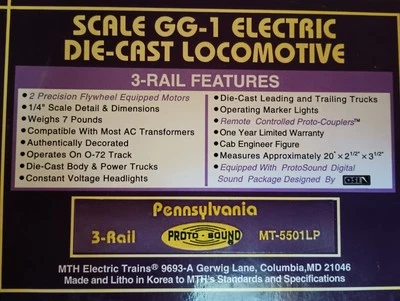 MTH MT-5501LP Pennsylvania Scale Brown 5 Stripe GG-1 Electric w/Protosound LN  - Image 1 of 4
