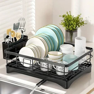 Kitchen Dish Drainer Rack with Plastic Drip Tray Cutlery Holder Stainless Steel - Picture 1 of 9