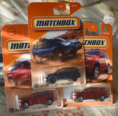 Matchbox 2022 Infiniti QX80, 2019 Subaru Forester y 2022 Jeep Wagoner lote 3 nuevos Foto 1 de 4