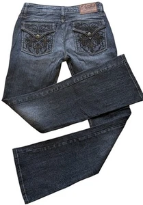 Sinful Affliction Jeans 27x34 Black Cross Embroidery Button Pocket Low Rise NWOT - Picture 1 of 12