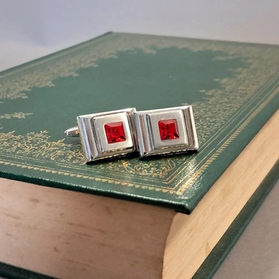Red glass stone square setting, Vintage cufflinks, stainless steel, LL-135 - Image 1 of 3