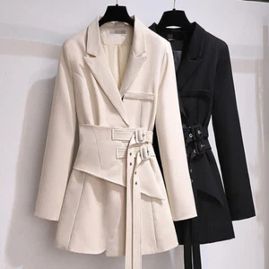 Womens Lapel Collar Slim Fit Blazer Dress Long Sleeves Belt Trench women Coats - Picture 1 of 17