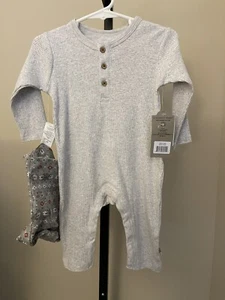 HONEST Baby Clothing One Piece & Beanie unisex Sz 3-6 mos Lt heather gray - Picture 1 of 8