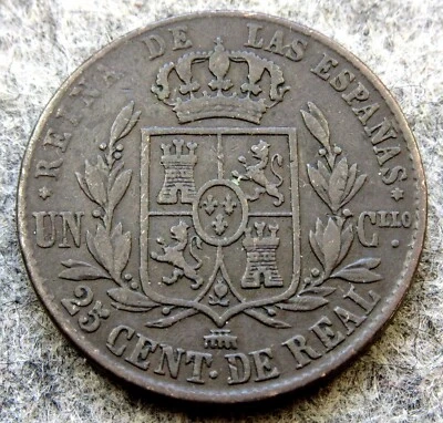 SPAIN Isabel II 1858 25 CENTIMOS de REAL, COPPER km# 615 yes we combine postage - Image 1 of 4