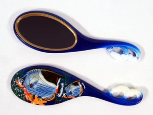 Hand Painted Handheld Mirror Blue Wave Tropical Fish Design 011T - Picture 1 of 1