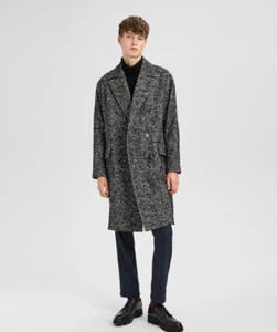 THEORY Mens Oversized Wool Boucle Black Herringbone DB Coat sz L - Picture 1 of 13
