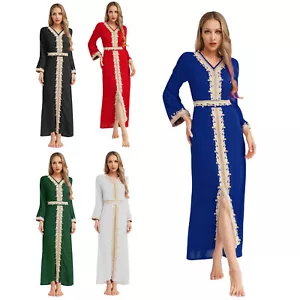 Women's Long Sleeve Muslim Dress Embroidery Trim V Neck Dubai Abaya Dress - Picture 1 of 67