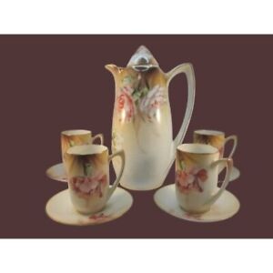 Vintage Floral Porcelain Chocolate Pot with Lid 4 Cups and Saucer Set