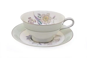 Noritake Shasta 5305 White Silver Green Purple Footed Cup & Saucer - Picture 1 of 3