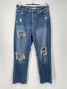 Forever 21 Jeans Women 27 Blue Straight High Rise Button Fly Denim Ripped Frayed - Picture 1 of 6