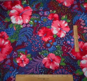 Tropical Fabric 1 3/4 Yard Pink Red Green Floral on Dk Blue Hawaiian Cotton Vtg - Picture 1 of 2