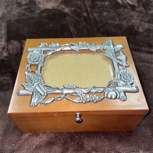 Vtg Wooden Jewelry Box/3 1/2 X5Silver-tone Floral Photo Frame Top/Removable Tray - Picture 1 of 10
